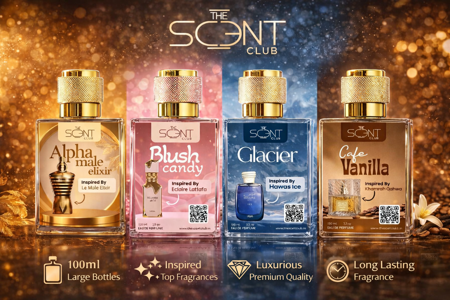 The Scent Club Signature Combo – Cafe Vanilla, Glacier, Alpha Male Elixir & Blush Candy | 4 Premium Fragrances (100 ml Each) banner